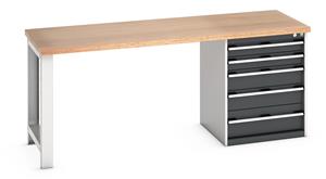 Bott Cubio Pedestal Bench with MPX Top & 5 Drawers - 2000mm Wide  x 750mm Deep x 840mm High. Workbench consists of the following components for easy self assembly:... 840mm High Benches